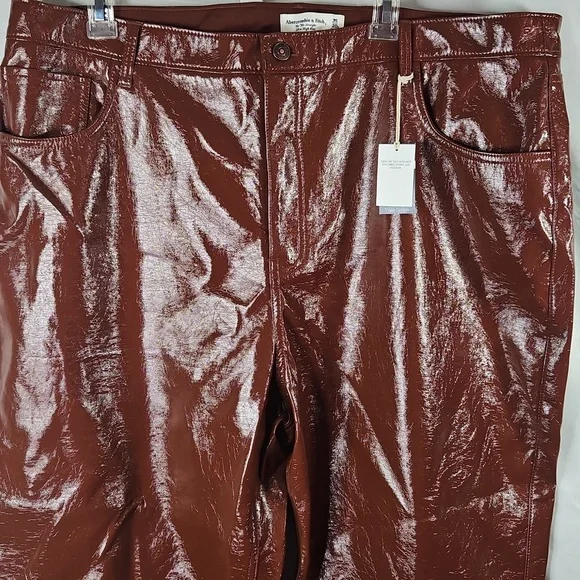 Abercrombie & Fitch Brown Vegan Leather 90's Straight High Rise Pants Size 35/20 - Picture 3 of 8